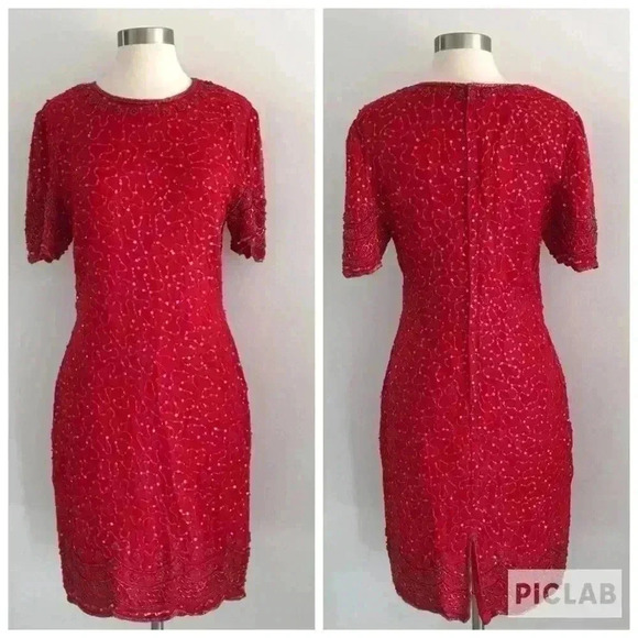 Vintage Laurence Kazar Beaded Silk Red Dress Sz M - Picture 3 of 8